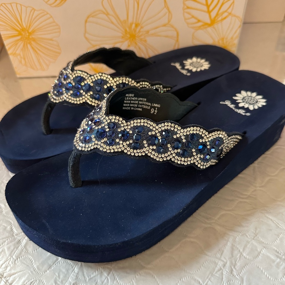 Yellow Box Navy Sandals with Blue Embellishments